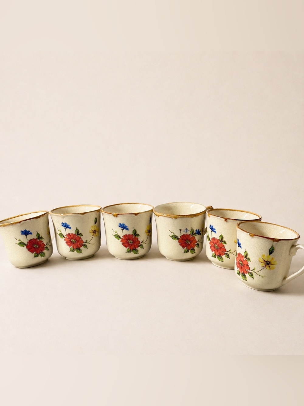 Vintage Country Flower Seyei Stoneware Mugs‎ 6-PCS Japan Floral Cups Cottagecore